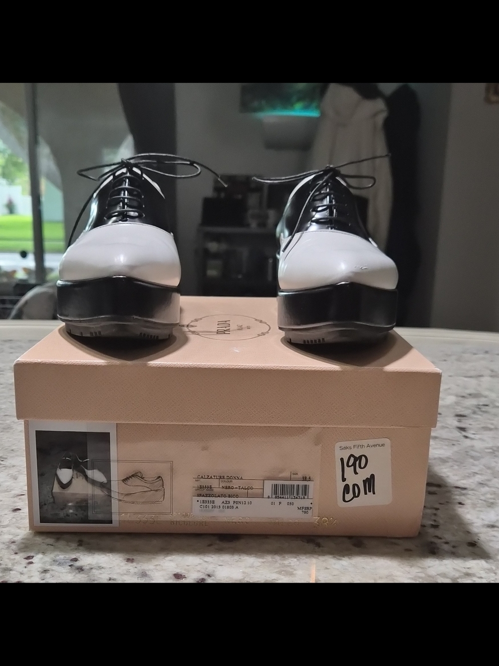 Prada Spazzolato Bicolore Platform Oxfords Black White Brogues 38.5 Box - Picture 2 of 16